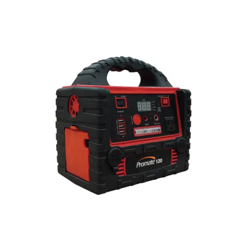 PROMATE POWERSTATION #120 BLACK & RED ABS PLASTIC & RUBBER 200W 220V AC 60HZ 12V DC SILENT & PORTABLE AC & SOLAR RECHARGEABLE