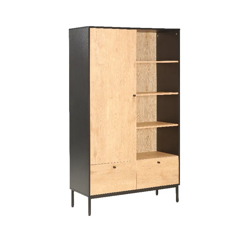 METAL +PARTICLE BOARD OAK & BLACK TWO DRAWERS