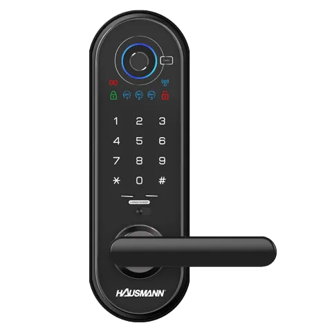 HAUSMANN DIGITAL DOOR LOCK LHM0622-MI-5650F BLACK ALUMINUM ALLOY DIE-CASTING, POLYCARBONATE ACRYLONITRILE BUTADIENE STYRENE DC 6VOLT (AA LR6 ALKALINE 4EA) EXTERNAL EMERGENCY POWER STANDARD MODERN