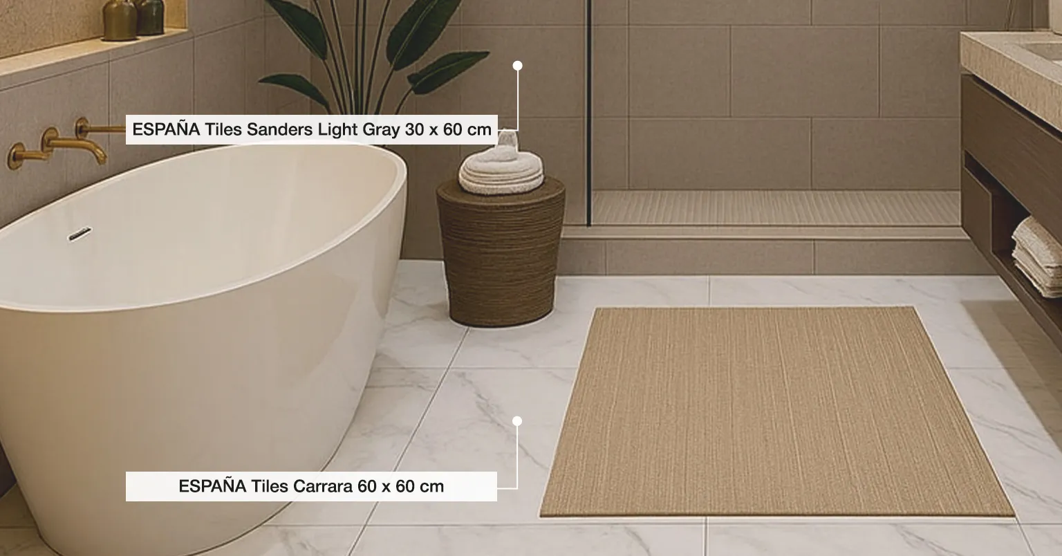 España Tiles Light Gray 30x60 cm and España Tiles Carrarra 60x60 cm